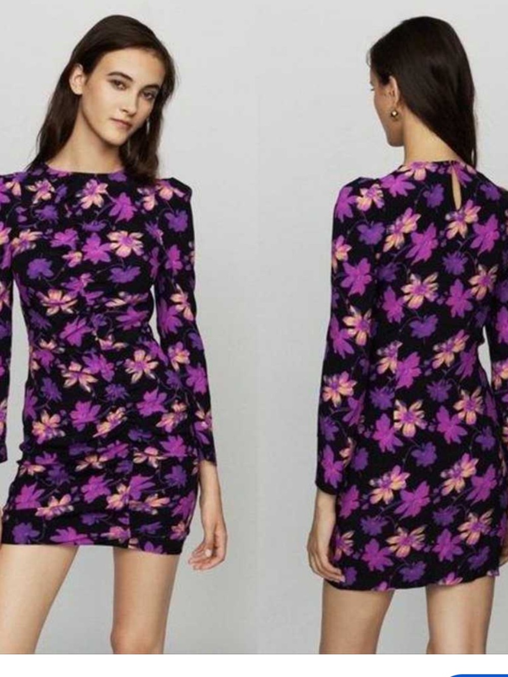 Maje Floral Ruched Long-Sleeve mini Dress, size S
